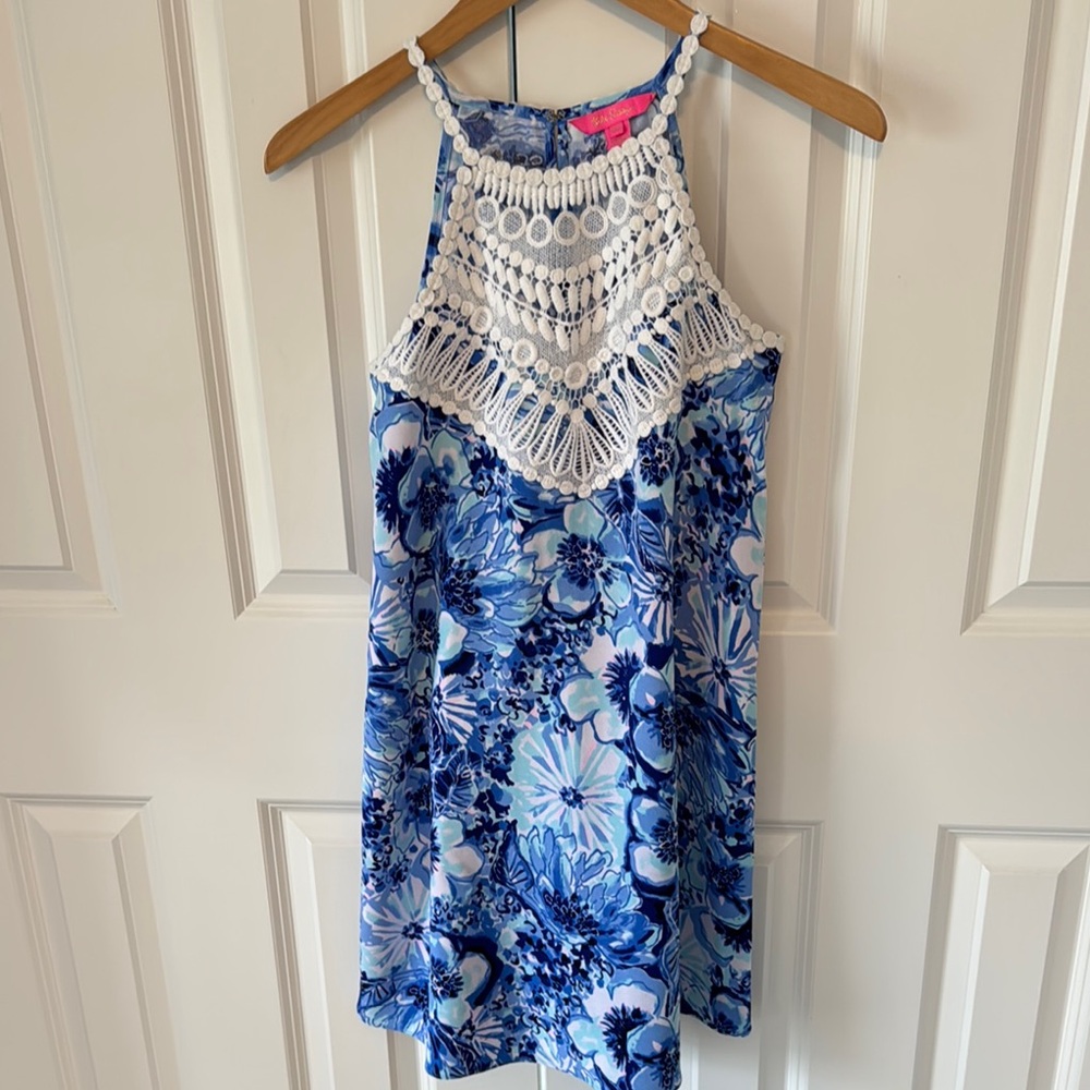Lilly Pulitzer Blue Floral Dress with Crochet Detail